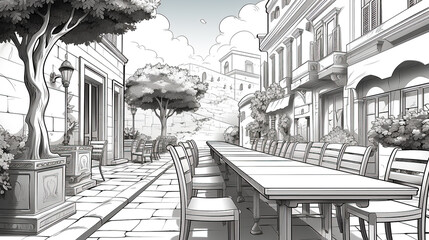 Street cafe with tables and chairs in the old mediterranean town. Sketch illustration for coloring book.