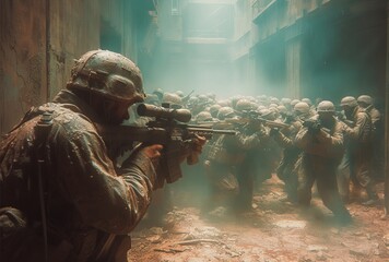 Amidst the darkness of a narrow tunnel, soldiers armed with a variety of weapons engage in a fierce battle, their rifles and machine guns firing as they fight for survival in this intense action-adve - obrazy, fototapety, plakaty