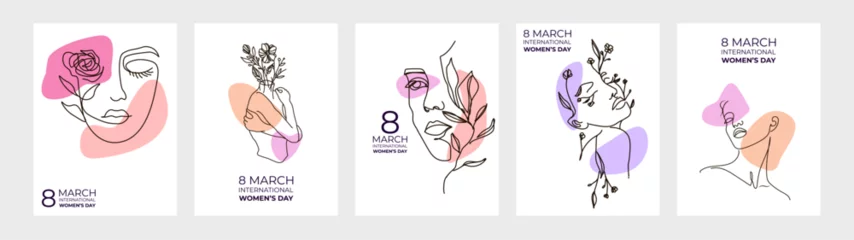 Fotobehang Women's Day greeting card collection in line art style. Modern abstract line minimalistic women faces arts set with different shapes for wall decoration, postcard or brochure cover design © Andrii