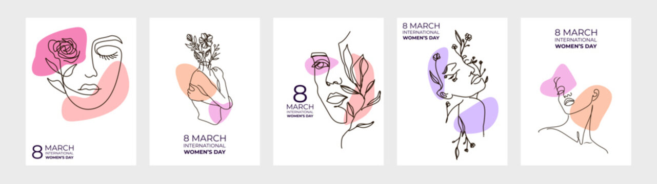 Women's Day greeting card collection in line art style. Modern abstract line minimalistic women faces arts set with different shapes for wall decoration, postcard or brochure cover design
