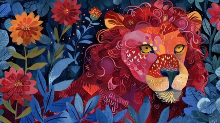  a close up of a painting of a lion surrounded by flowers and leaves with a blue sky in the background.