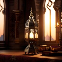 photo of an Islamic lantern lamp with blurred mosque in the background for Eid ul fitr , Eid ul adha and Ramadan Mubarak background, Ramzan Mubarak Poster, Ramadan Kareem banner