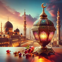 photo of an Islamic lantern lamp with blurred mosque in the background for Eid ul fitr , Eid ul adha and Ramadan Mubarak background, Ramzan Mubarak Poster, Ramadan Kareem banner - obrazy, fototapety, plakaty