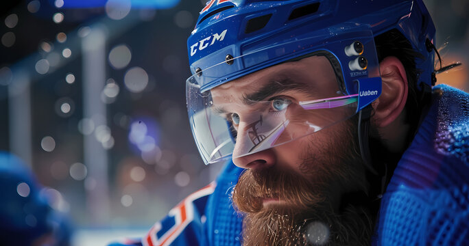 Hockey player starts game. Portrait of Confident Professional Player, Wearing Face Mask. Athlete, Determined to Win and be Champion.