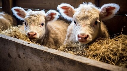 A Group of Baby Cows Laying in a Pile of Hay