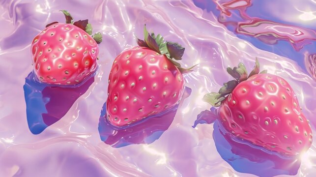  three strawberries floating in a pool of water with a splash of water on the bottom of the picture and on the bottom of the bottom of the image are three strawberries.