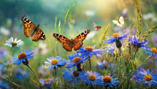 many colors butterflies flying in the summer garden , Beautiful field meadow flowers 