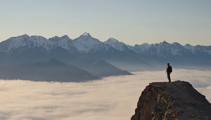 A man standing on the edge of a cliff against a background of mountains and clouds. Concept, freedom, adventure, travelling, mindfulness, meditation or reaching the top. Natural landscape. copy space