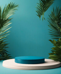 Obraz premium A simple podium platform mockup featuring tropical palm fronds on a blue backdrop, intended for product presentation.