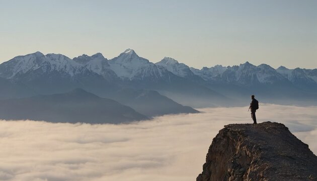 A man standing on the edge of a cliff against a background of mountains and clouds. Concept, freedom, adventure, travelling, mindfulness, meditation or reaching the top. Natural landscape. copy space