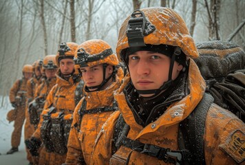 A team of brave firefighters in bright orange uniforms, their faces determined, stand amongst the snow-covered trees in the winter wilderness, donning helmets and protective clothing as they prepare 