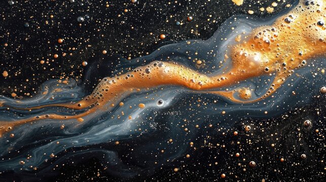  a close up of a painting of water and bubbles on a black surface with gold and blue swirls on it.