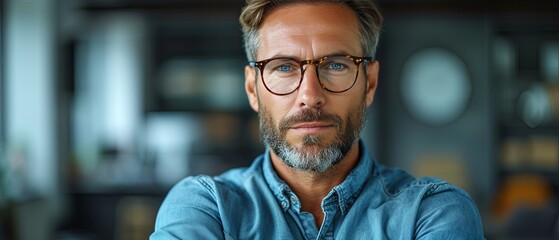 A Man Wearing Glasses and a Blue Shirt. Generative AI. - obrazy, fototapety, plakaty