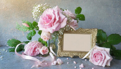 Vintage wedding or romantic background with roses and frame for text.