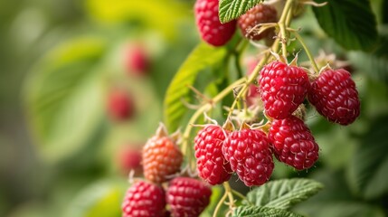  a bunch of raspberries hanging from a tree with green leaves and red berries in the foreground, with a blurry background of green leaves.