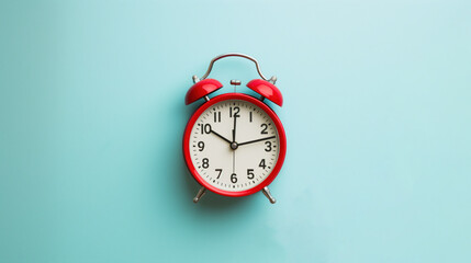 Photo of a vintage red alarm clock on light blue background with copy space for text