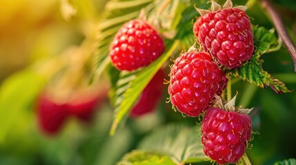  a bunch of raspberries growing on a bush with green leaves and bright sunlight shining through the leaves of the bush.