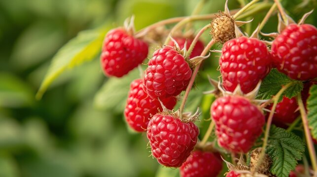  a bunch of ripe raspberries growing on a bush with leaves in the foreground and green foliage in the background.