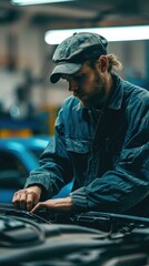 A man in a hat and blue jacket working on a car. Generative AI.