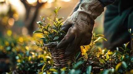 A person is picking tea plants from a basket. Generative AI. - Powered by Adobe