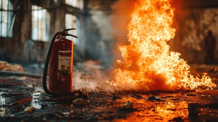Fire extinguisher in a burning building. Generative AI.