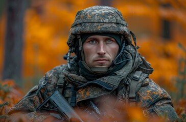 Obraz premium A stoic soldier blends into nature, armed and ready for any battle that may come his way