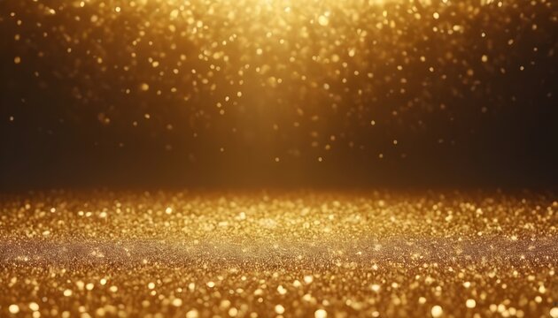 Glitter gold blue particles stage and light shine abstract background. Flickering particles with bokeh effect. Blue glow particle abstract bokeh background; Generative AI
