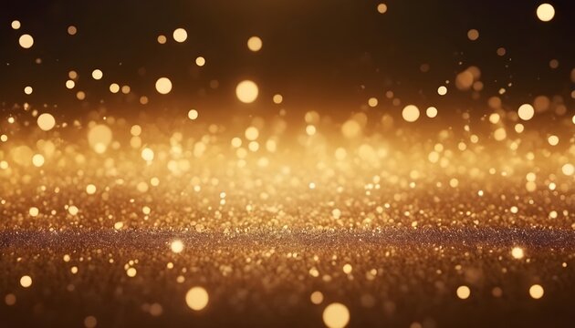 Glitter gold blue particles stage and light shine abstract background. Flickering particles with bokeh effect. Blue glow particle abstract bokeh background; Generative AI
