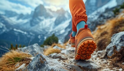 Person Walking on Rocky Trail With Mountains in Background. Generative AI.
