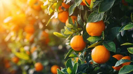  an orange tree with lots of ripe oranges hanging from it's branches in a sunny sunlit area.