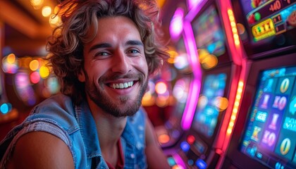 Obraz premium A Man Smiles as He Plays a Slot Machine. Generative AI.