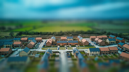 Tilt-shift aerial view of a suburban neighborhood with houses and roads, creating a miniature effect. - obrazy, fototapety, plakaty