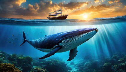 Silhouette of a blue whale swimming under the ocean with fishing boat and fisherman  - obrazy, fototapety, plakaty