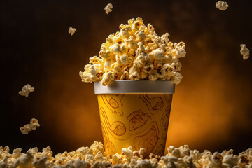 Indulge in the perfect movie night with enticing snacks. A close up view of delicious popcorn, elevating the cinematic experience.