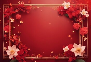 Fototapeta na wymiar Background frame with copy space with chinese new year theme with red colors and red and white flowers
