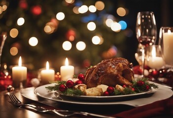 Beautiful Christmas diner table with turkey, vegetables, wine and candles