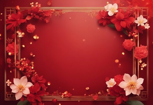 Background frame with copy space with chinese new year theme with red colors and red and white flowers