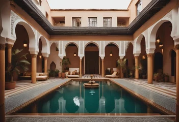 Tableaux ronds sur aluminium Europe du nord A pool in the middle of the distinctive architecture of North Africa Courtyard in oriental style