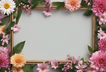 Painting frame covered with flowers in different colors isolated on transparent background