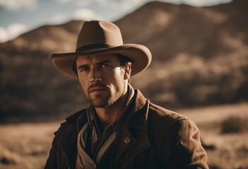 Portrait of a handsome cowboy with hat in western movie style