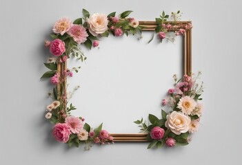 Painting frame covered with pink and white rose flowers isolated on transparent background