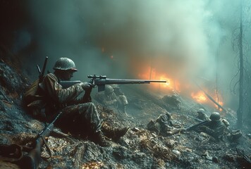 A platoon of heavily armed soldiers unleashing a storm of violence and chaos with their rifles amidst a thick cloud of smoke in an intense outdoor firefight
