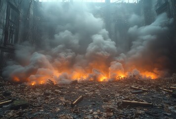 Amidst the outdoor chaos, a fiery explosion engulfs a building, sending smoke and pollution into the air, while nearby trees and nature tremble in the intense heat of this natural disaster