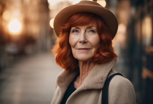 Portrait of a senior lady with red hair posing in the city