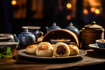 Fototapeta na wymiar Capture the sizzling allure of Chinese meat pies on the grill with a tantalizing close up. Irresistible aroma and golden perfection in every detail.