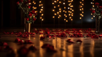 Romantic Ambiance with Rose Petals and Warm Candlelight for Valentine's Celebration