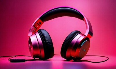 Fototapeta na wymiar Pink wireless earphones with a pink background.