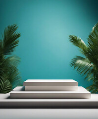 Fototapeta premium A simple podium platform mockup featuring tropical palm fronds on a blue backdrop, intended for product presentation.