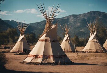 Indian native village in America with teepee tents and mountains