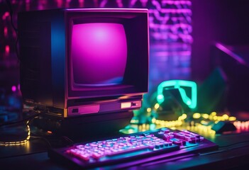 Vintage computer with CRT monitor from 80s or 90s and neon colors lights Purple monitor and keyboard - obrazy, fototapety, plakaty